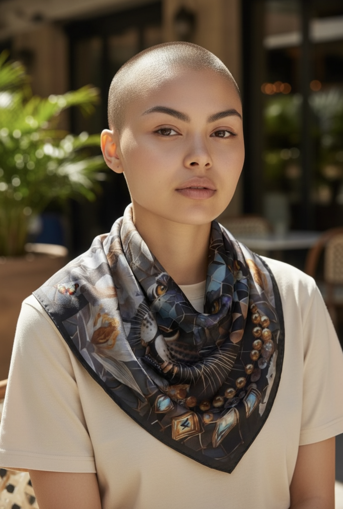Person wearing a patterned scarf outdoors with blurred background