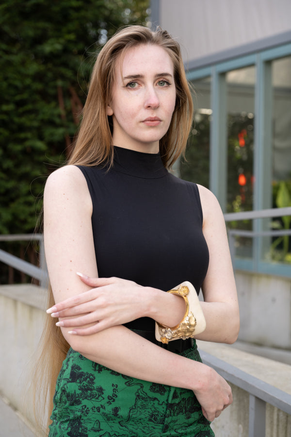 Woman wearing Floral Chunky Wood Bangle
