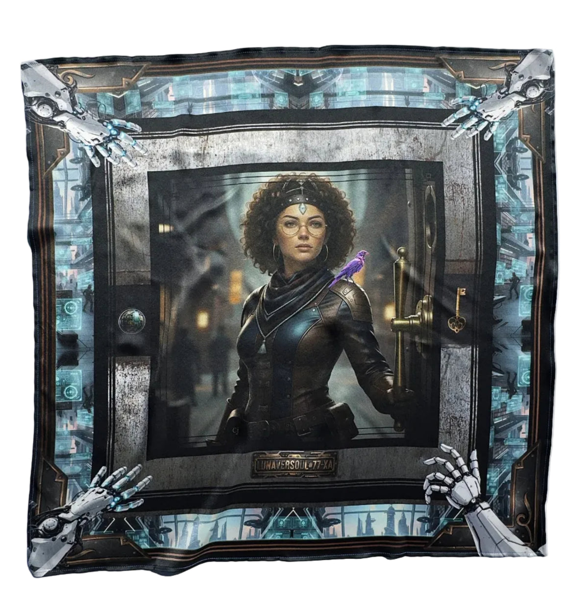 A square scarf featuring a printed fantasy illustration of a woman in dark armor holding a glowing purple staff, surrounded by a detailed metallic frame with skeletal hands and icy blue patterns.