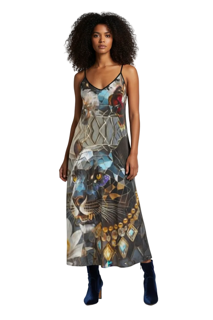 Woman wearing a patterned dress on a plain background