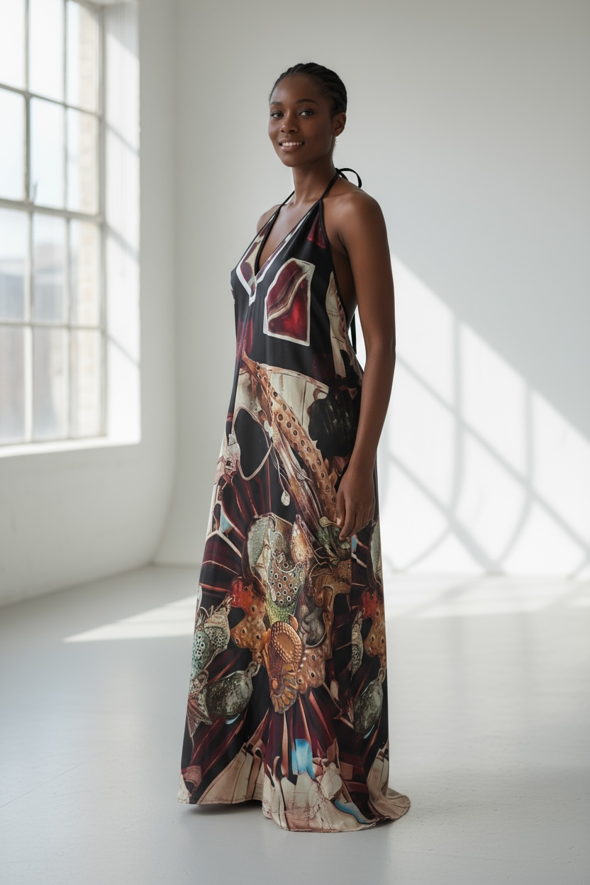 Woman wearing Machina Afrofuturism Halter Dress