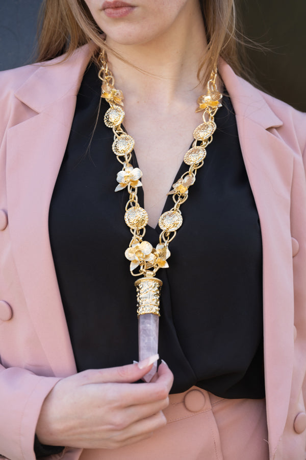 Woman wearing Sundara Rose Quartz Pendant Necklace