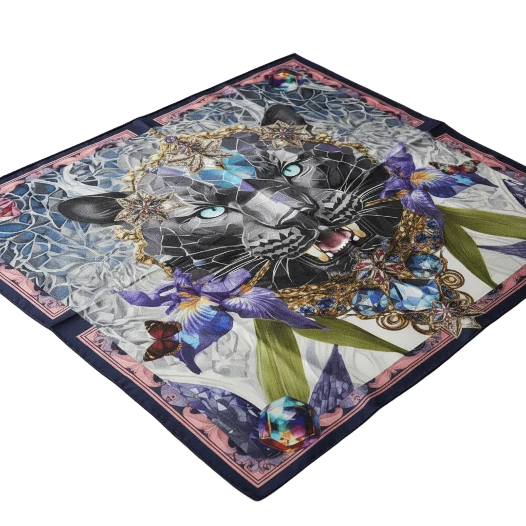 Decorative scarf with a black panther and floral design on a white background by 
LunaversouL