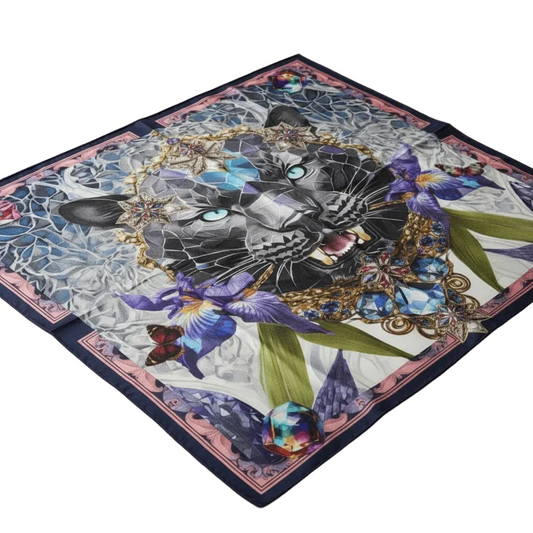 Decorative scarf with a black panther and floral design on a white background by 
LunaversouL