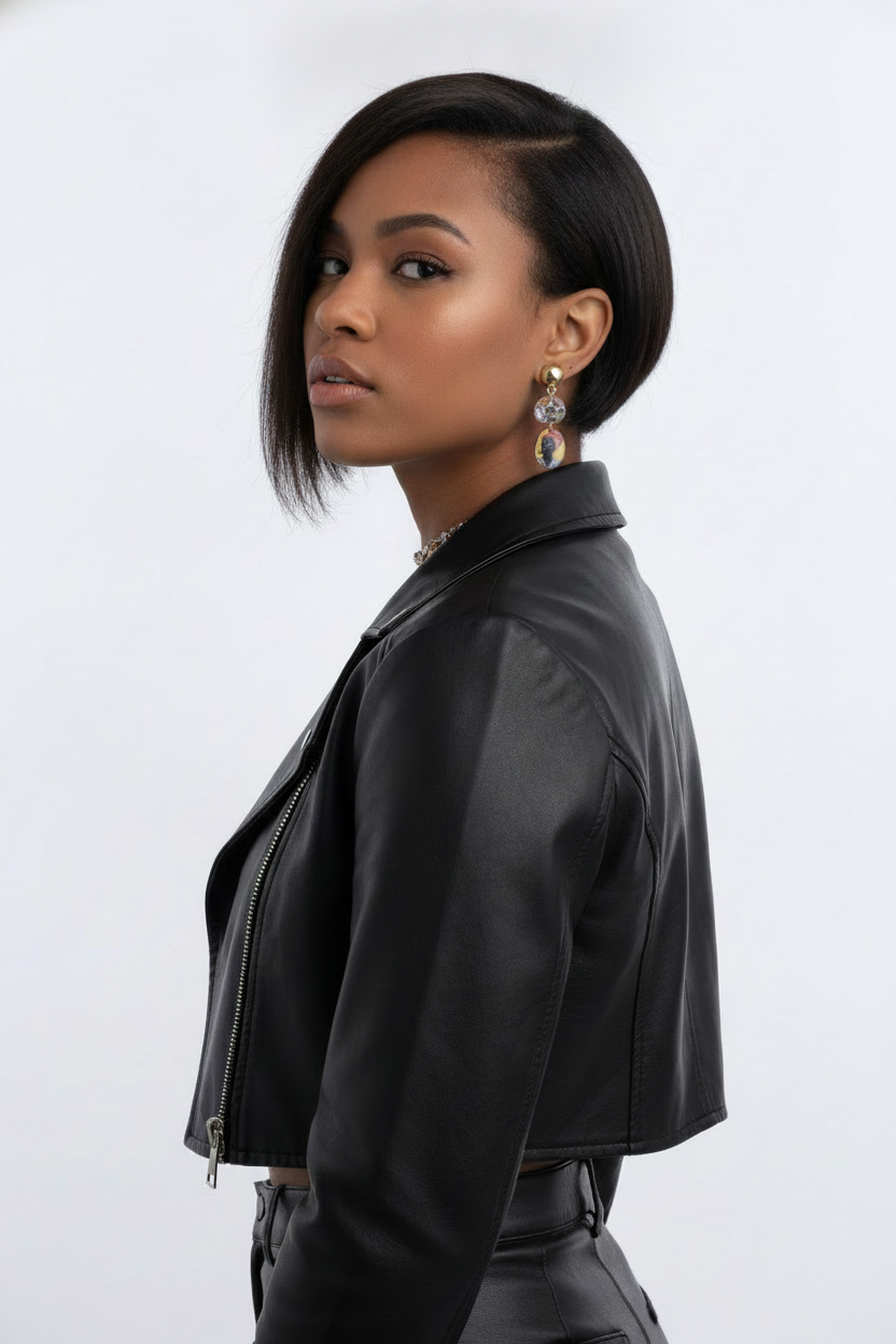 A woman with a short dark bob haircut is shown in profile wearing a black cropped leather jacket, black pants, wearing Umi Says earrings against a light gray studio background.