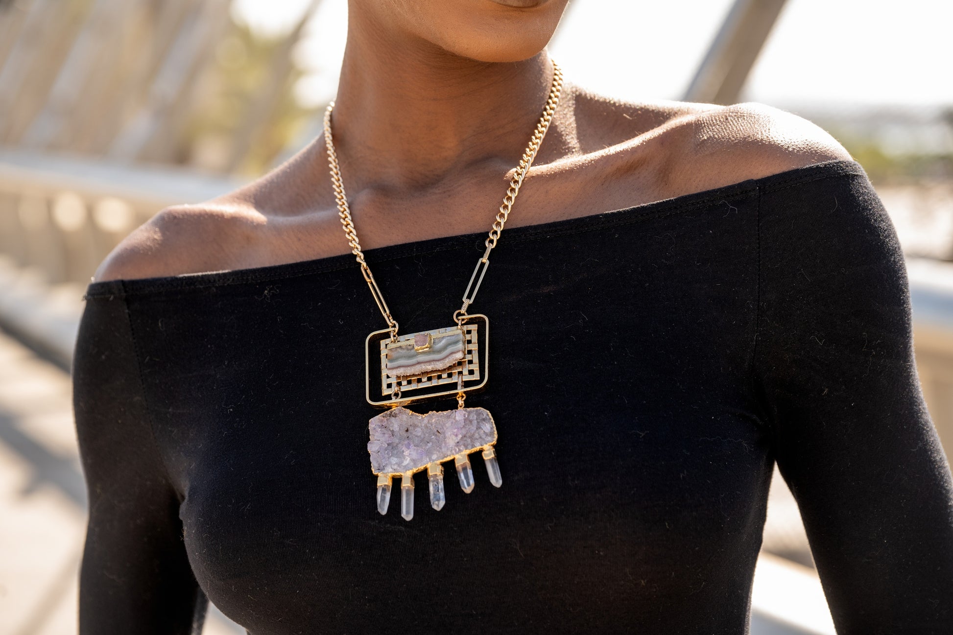 Woman wearing Equinox Necklace