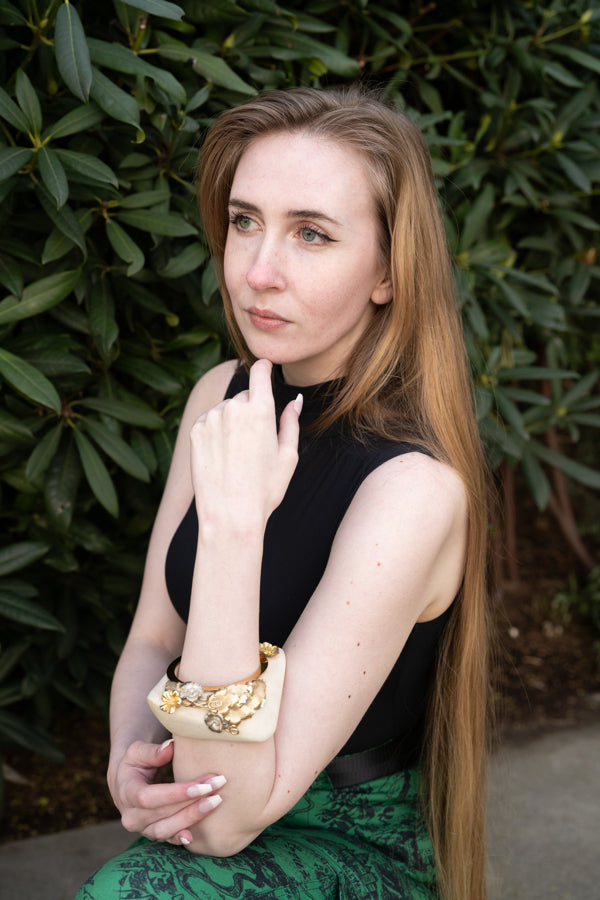 Woman wearing Floral Chunky Wood Bangle