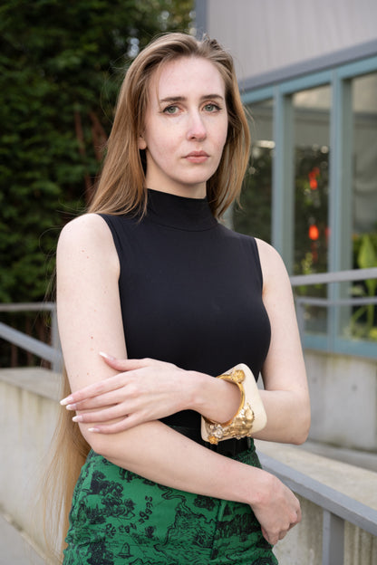 Woman wearing Floral Chunky Wood Bangle