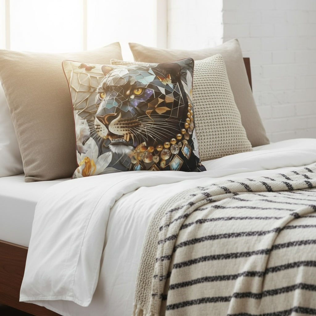 Dusk's Crystal Guardian Velvet Throw Pillow by Lunaversoul.com on a bed with a stripe blanket