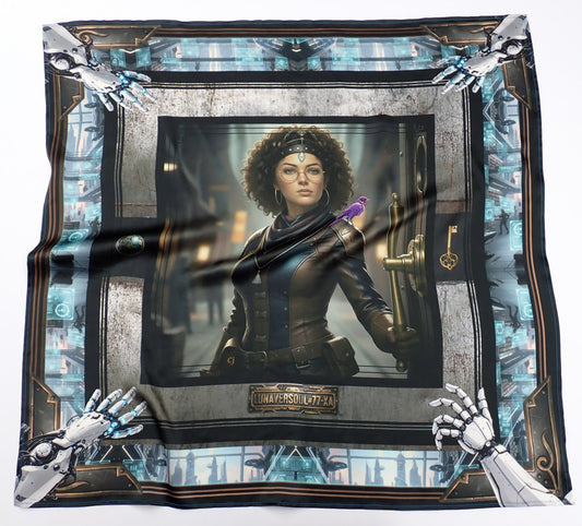 A square silk art scarf by Lunaversoul. Featuring a sci-fantasy illustration of a futuristic Galactic Archivist with a purple robotic bird on her shoulder, surrounded by a detailed scene frame with robot hands. 