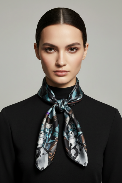 Woman weasring a square silk art scarf by Lunaversoul. Featuring a sci-fantasy illustration of a futuristic Galactic Archivist with a purple robotic bird on her shoulder, surrounded by a detailed scene frame with robot hands. 