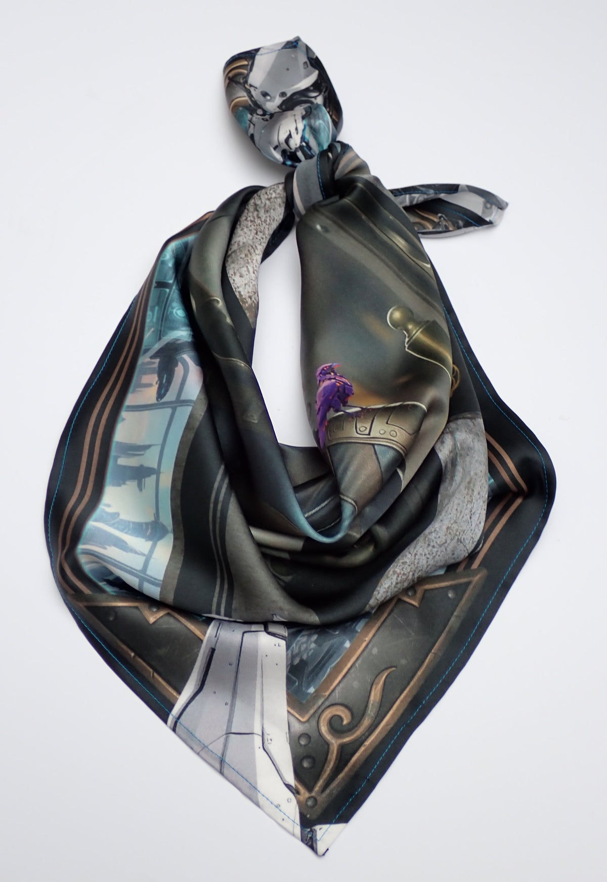 A square silk art scarf by Lunaversoul. Featuring a sci-fantasy illustration of a futuristic Galactic Archivist with a purple robotic bird on her shoulder, surrounded by a detailed scene frame with robot hands. 