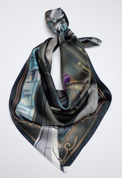 A square silk art scarf by Lunaversoul. Featuring a sci-fantasy illustration of a futuristic Galactic Archivist with a purple robotic bird on her shoulder, surrounded by a detailed scene frame with robot hands. 
